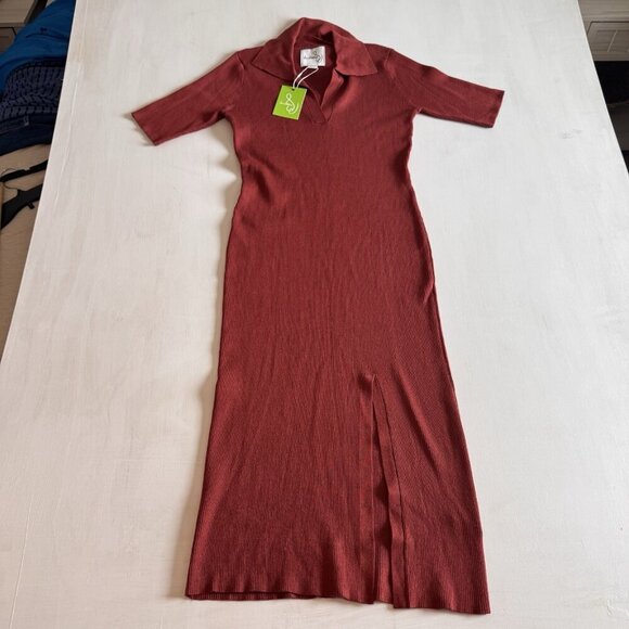 NWT Sam Edelman Dress Size Large Ribbed Collared Midi Sweater $118 Rust Orange - Picture 6 of 16